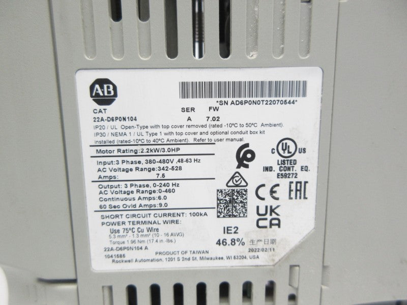 ALLEN BRADLEY 22A-D6P0N104 SER. A F/W 7.02 342-528VAC 7.5A UNMP