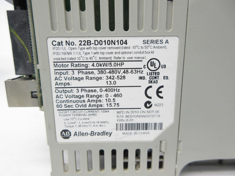 ALLEN BRADLEY 22B-D010N104 SER. A F/W 6.01 342-528VAC 13.0A (AS PICTURED) UNMP