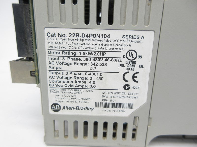ALLEN BRADLEY 22B-D4P0N104 SER. A F/W 5.01 342-528VAC 5.7A (AS PICTURED) UNMP