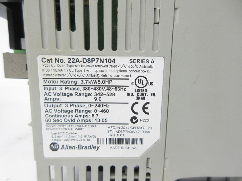 ALLEN BRADLEY 22A-D8P7N104 SER. A F/W 6.01 342-528VAC 9.0A (AS PICTURED) UNMP