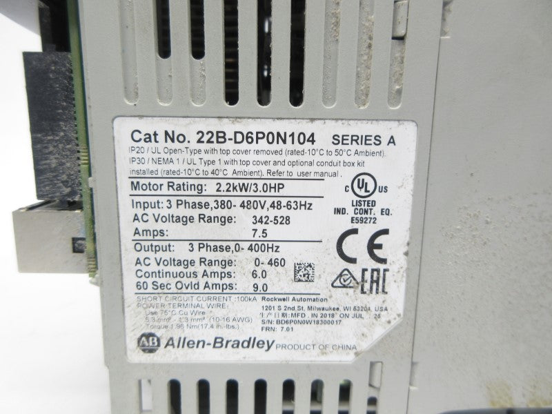 ALLEN BRADLEY 22B-D6P0N104 SER. A F/W 7.01 342-528VAC 7.5A (AS PICTURED)  UNMP
