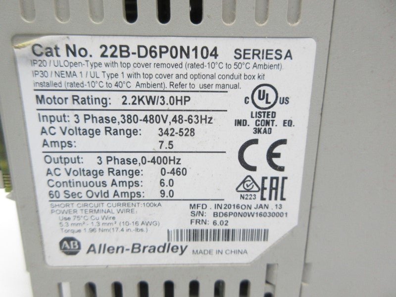ALLEN BRADLEY 22B-D6P0N104 SER. A F/W 6.02 342-528VAC 7.5A (AS PICTURED) UNMP