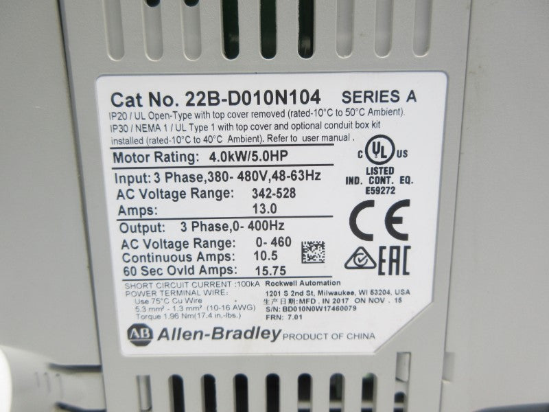 ALLEN BRADLEY 22B-D010N104 SER. A F/W 7.01 342-528VAC 13.0A UNMP