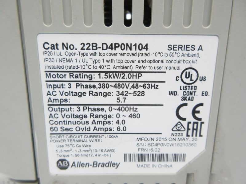 ALLEN BRADLEY 22B-D4P0N104 SER. A F/W 6.02 342-528VAC 5.7A UNMP