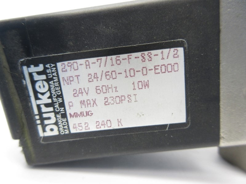 BURKERT 290-A-7/16-F-SS-1/2 452240K 24V 230PSI UNMP