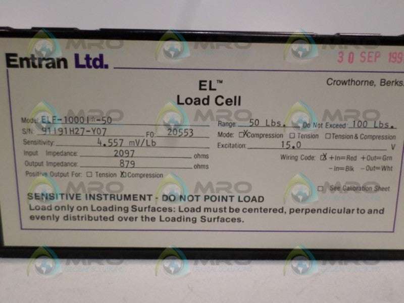 ENTRAN ELF-1000I-50 EL LOAD CELL 4.577 mV/Lb 2097 OHMS NSMP