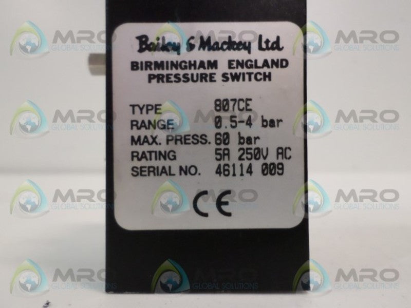 BAILEY & MACKEY 807CE PRESSURE SWITCH 0.5-4 BAR (AS PICTURED) UNMP