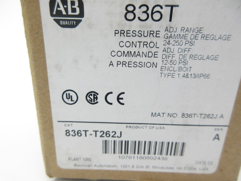 ALLEN BRADLEY 836T-T262J SER. A 120-600VAC 60A 24-250PSI (BR/WH) NSMP