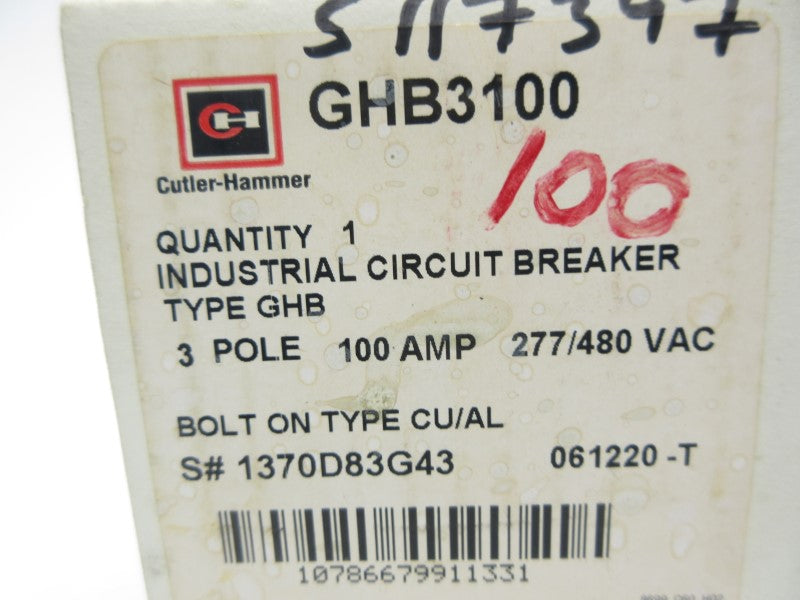 CUTLER HAMMER GHB3100 277/480VAC 100A NSMP
