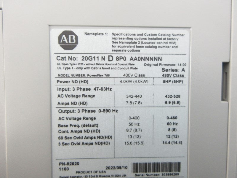 ALLEN BRADLEY 20G11ND8P0AA0NNNNN SER. A F/W 14.00 342-440VAC NSNP