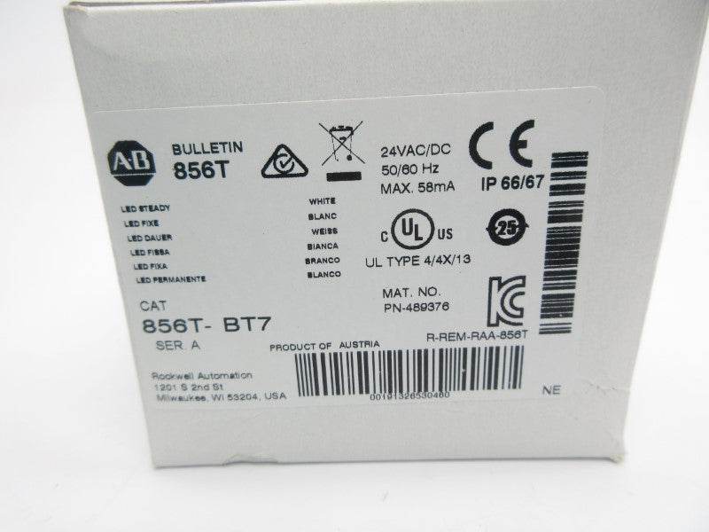 ALLEN BRADLEY 856T-BT7 SER. A 24VAC/DC (WH) NSMP