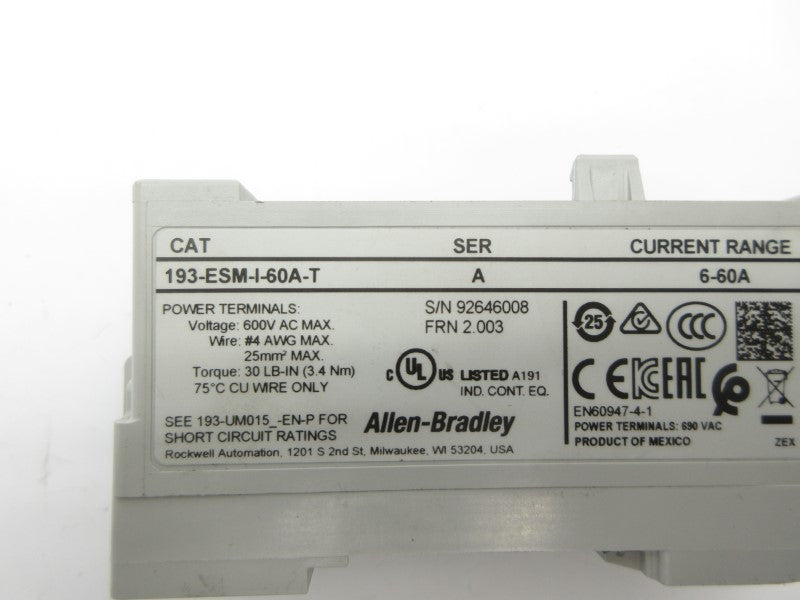 ALLEN BRADLEY 193-ESM-I-60A-T SER. A F/W 2.003 600VAC 6-60A NSNP