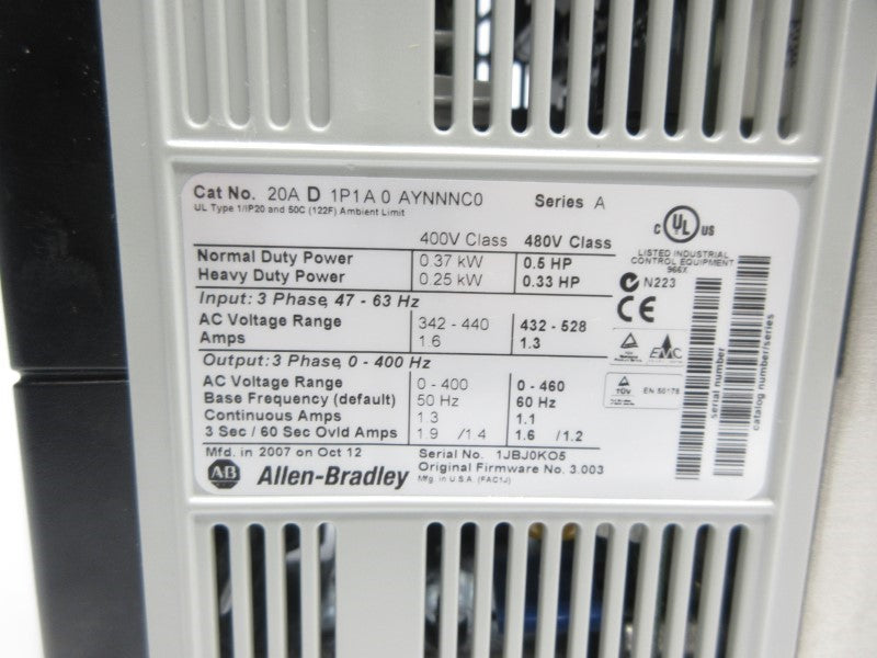 ALLEN BRADLEY 20AD1P1A0AYNNNC0 SER. A F/W 3.003 432-528VAC 1.3A NSNP