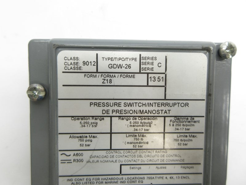 SQUARE D 9012GDW-26 SER. C 5-250PSI NSNP