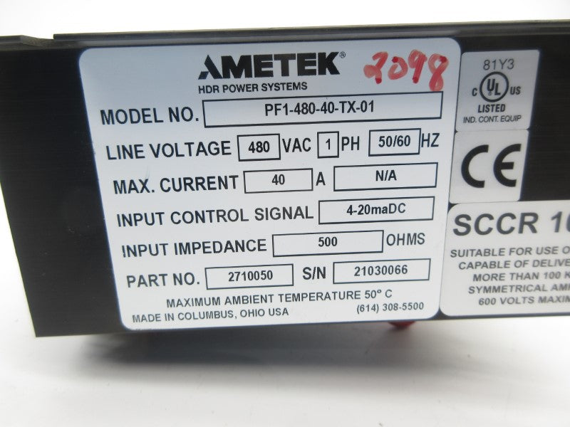 AMETEK PF1-480-40-TX-01 480VAC 40A NSNP