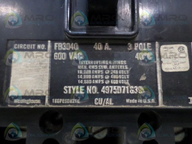 WESTINGHOUSE FN3040 CIRCUIT BREAKER 40A UNMP