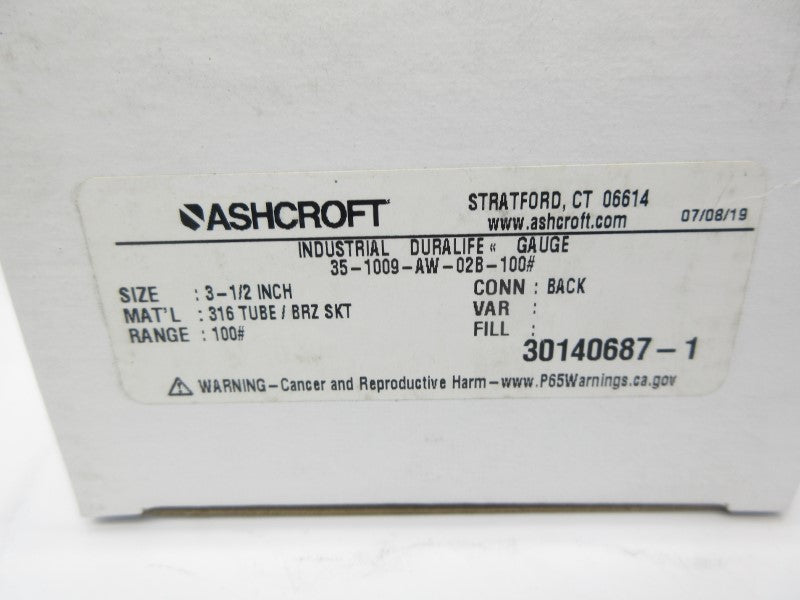 ASHCROFT 35-1009-AW-02B-100# 0-100PSI 3-1/2" NSMP