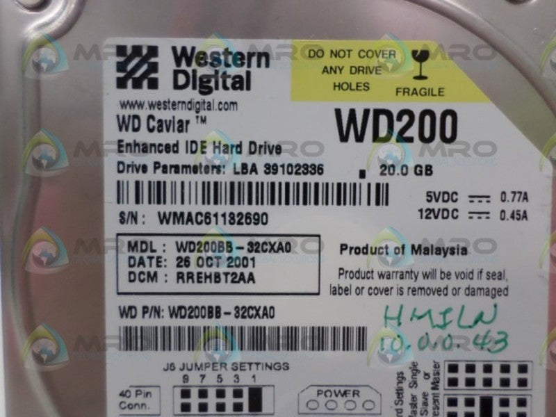 WESTERN DIGITAL WD200BB-32CXA0 HARD DRIVE 20GB UNMP