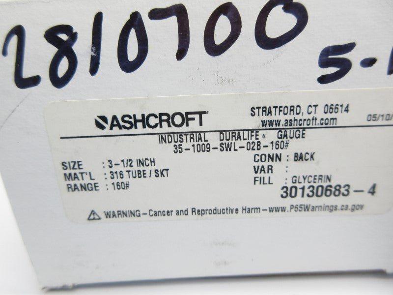 ASHCROFT 35-1009-SWL-02B-160# 0-160PSI 3-1/2" NSMP