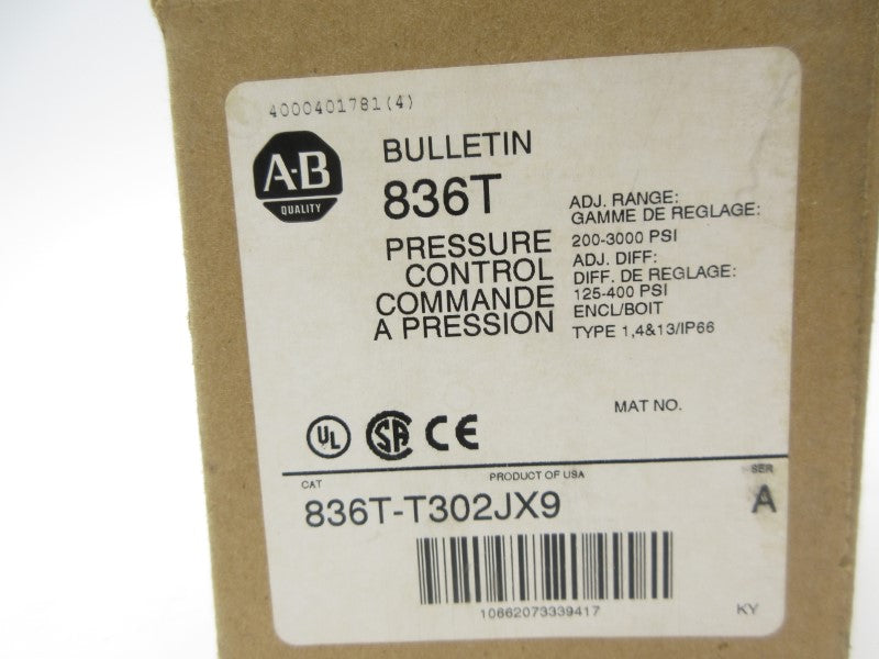 ALLEN BRADLEY 836T-T302JX9 SER. A 72-120A 60A 200-3000PSI (BR/WH) NSMP