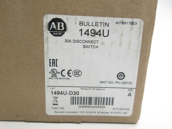 ALLEN BRADLEY 1494U-D30 SER. A 30A (BR/WH) NSMP