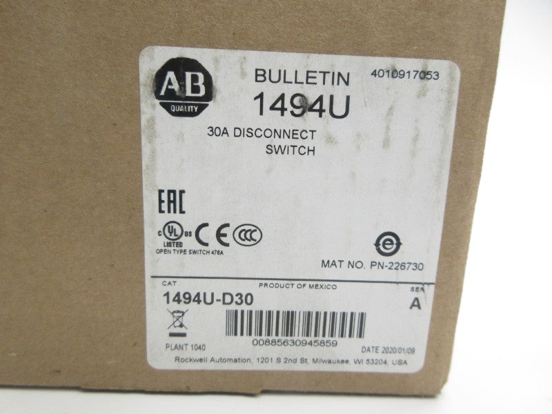 ALLEN BRADLEY 1494U-D30 SER. A 30A (BR/WH) NSMP