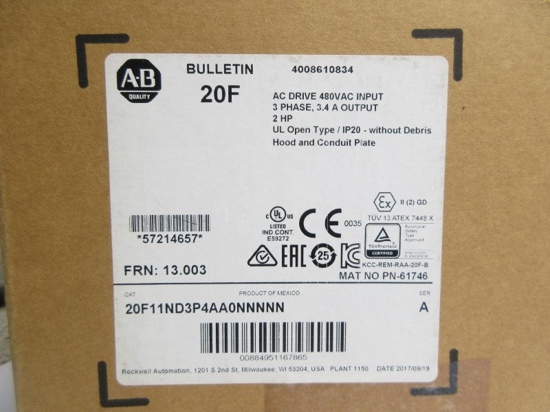 ALLEN BRADLEY 20F11ND3P4AA0NNNNN SER. A F/W 13.003 480VAC 2.6A NSMP
