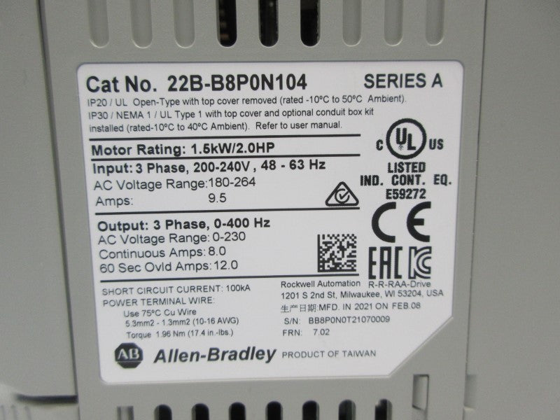 ALLEN BRADLEY 22B-B8P0N104 SER. A F/W 7.02 180-264VAC 9.5A NSNP