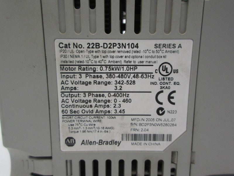 ALLEN BRADLEY 22B-D2P3N104 SER. A F/W 2.04 342-528VAC 3.2A UNMP