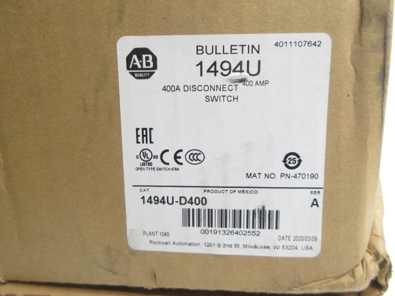 ALLEN BRADLEY 1494U-D400 SER. A 400A (BR/WH) NSMP