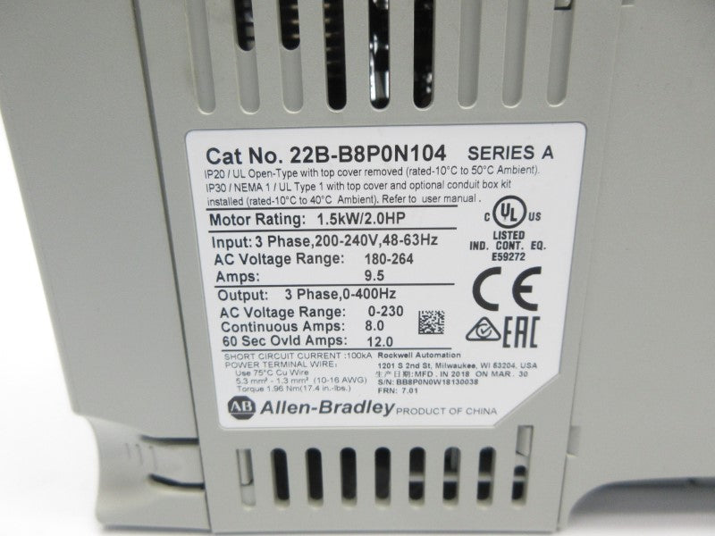 ALLEN BRADLEY 22B-B8P0N104 SER. A F/W 7.01 180-264VAC 9.5A NSNP