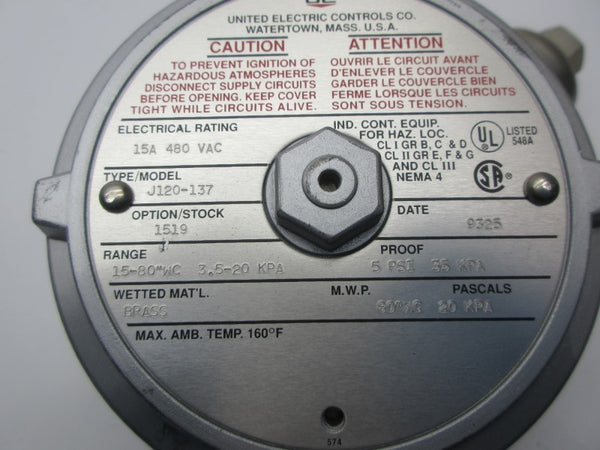 UNITED ELECTRIC J120-137 480VAC 15A 5PSI NSNP