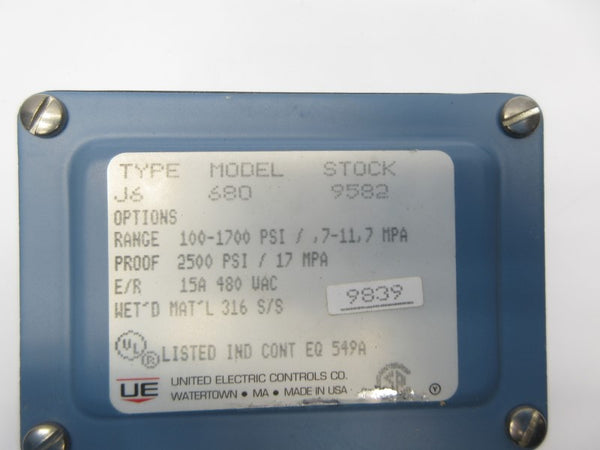 UNITED ELECTRIC J6-680-9582 480VAC 15A 2500PSI NSNP