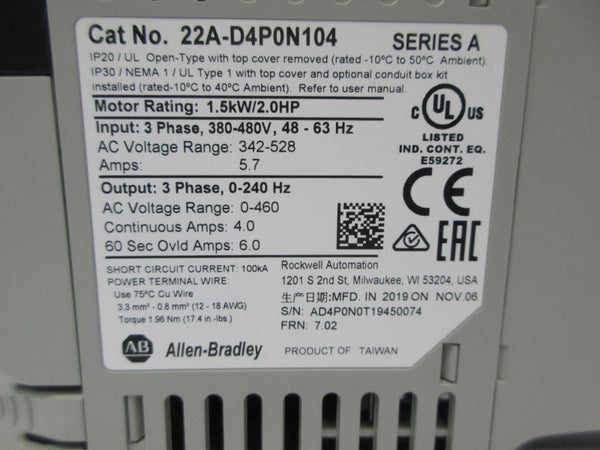 ALLEN BRADLEY 22A-D4P0N104 SER. A F/W 7.02 342-528VAC 5.7A NSNP