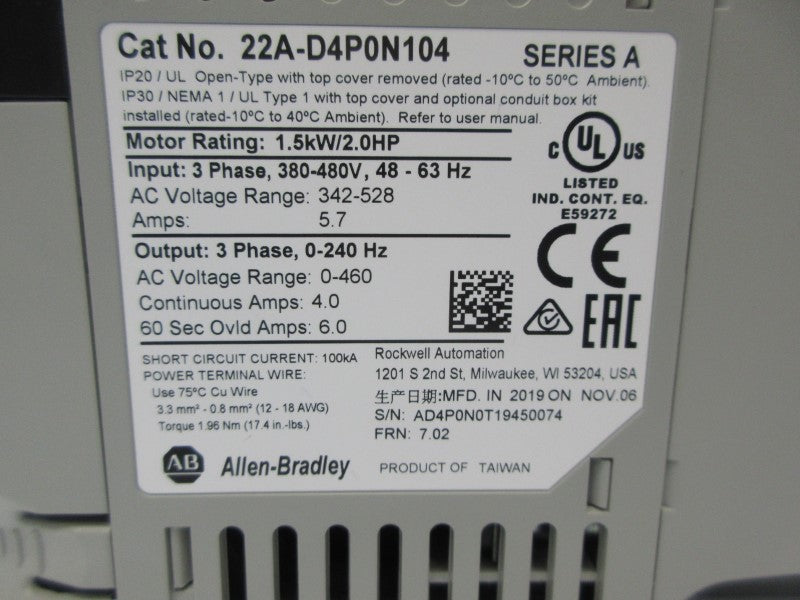 ALLEN BRADLEY 22A-D4P0N104 SER. A F/W 7.02 342-528VAC 5.7A NSNP