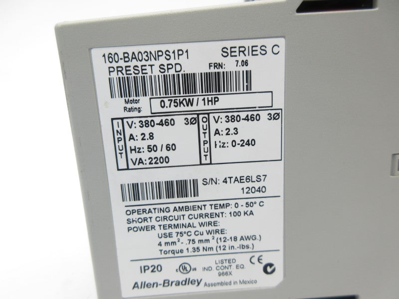 ALLEN BRADLEY 160-BA03NPS1P1 SER. C F/W 7.06 380-460V 2.8A NSNP