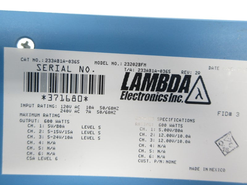 LAMBDA ELECTRONICS 233AB1A-0365 120/240VAC 10/7A REV. 2R UNMP