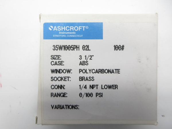 ASHCROFT 35W1005PH02L100# 0/100PSI 3-1/2" NSMP