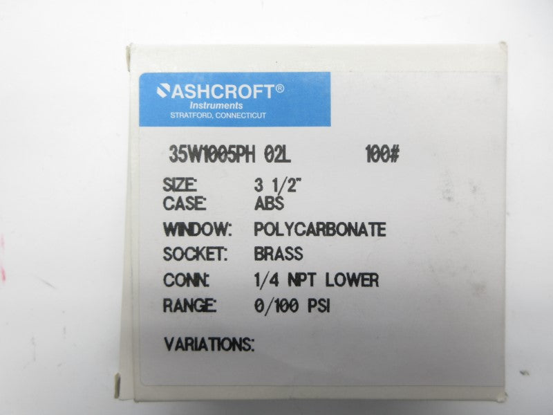 ASHCROFT 35W1005PH02L100# 0/100PSI 3-1/2" NSMP
