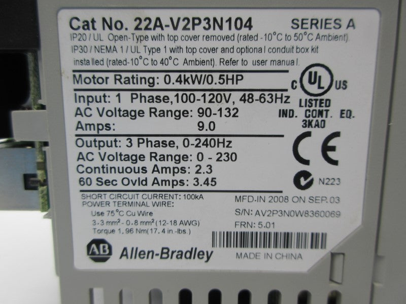 ALLEN BRADLEY 22A-V2P3N104 SER. A F/W 5.01 90-132VAC 9.0A UNMP