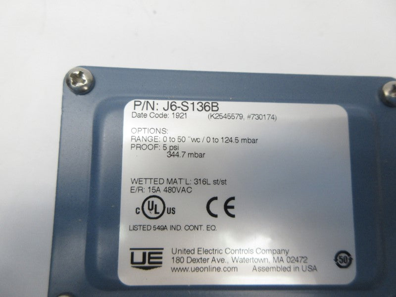 UNITED ELECTRIC J6-S136B 480VAC 15A 0-50"WC NSNP