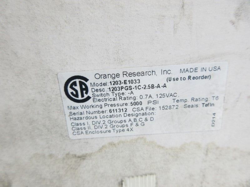 ORANGE RESEARCH 1203PGS-1C-2.5B-A-A 1203-E1033 125VAC 0.7A 5000PSI NSMP