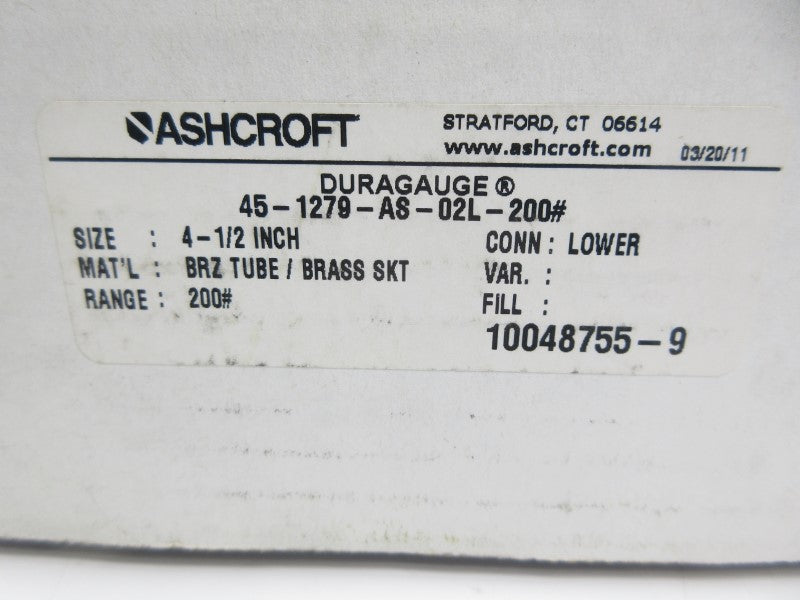 ASHCROFT 45-1279-AS-02L-200# 0-200PSI 4-1/2" NSMP