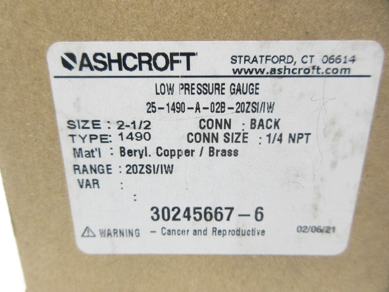 ASHCROFT 25-1490-A-02B-20ZSI/IW 2-1/2" NSMP