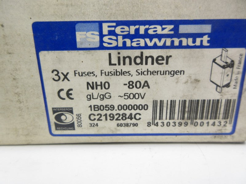 FERRAZ SHAWMUT NH0-80A 1B059 500V 80A (PKG OF 3) (WHITE) NSMP