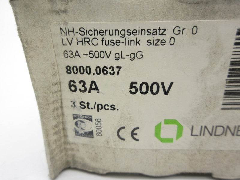 LINDNER NH0 8000.0637 500V 63A (PKG OF 3) NSMP