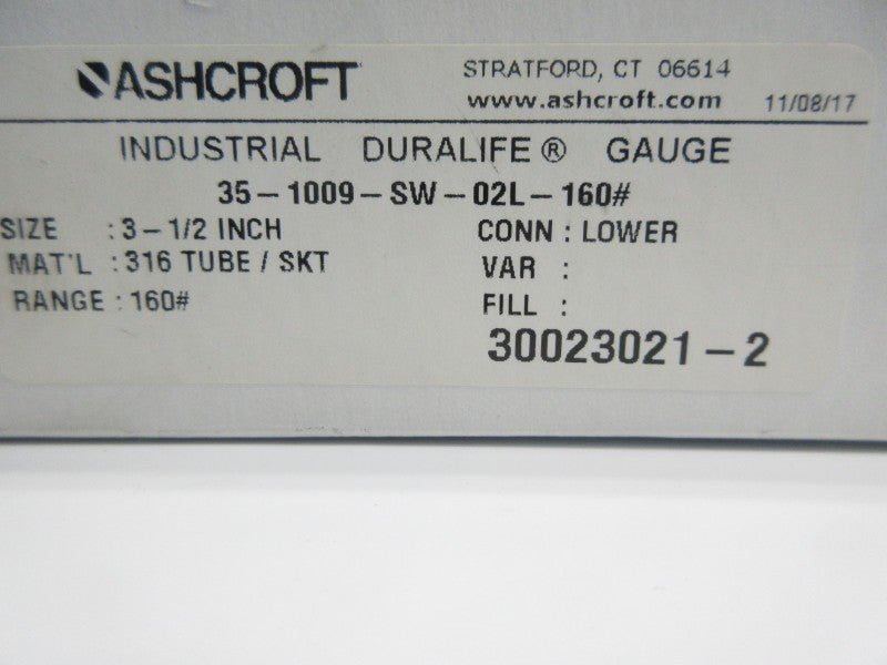 ASHCROFT 35-1009-SW-02L-160# 0-160PSI 3-1/2" NSMP