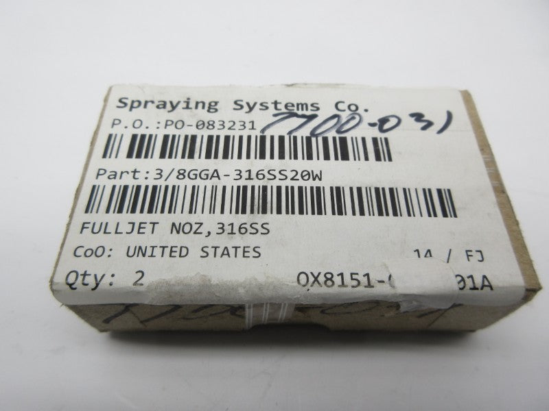SPRAYING SYSTEMS 3/8GGA-316SS20W (PKG OF 2) NSMP