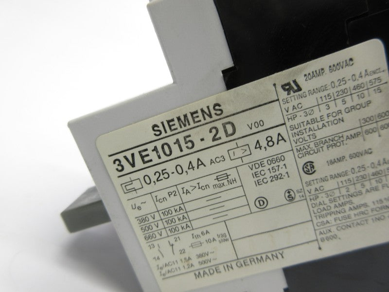 SIEMENS 3VE1015-2DV00 600VAC 0.25-0.4A NSNP