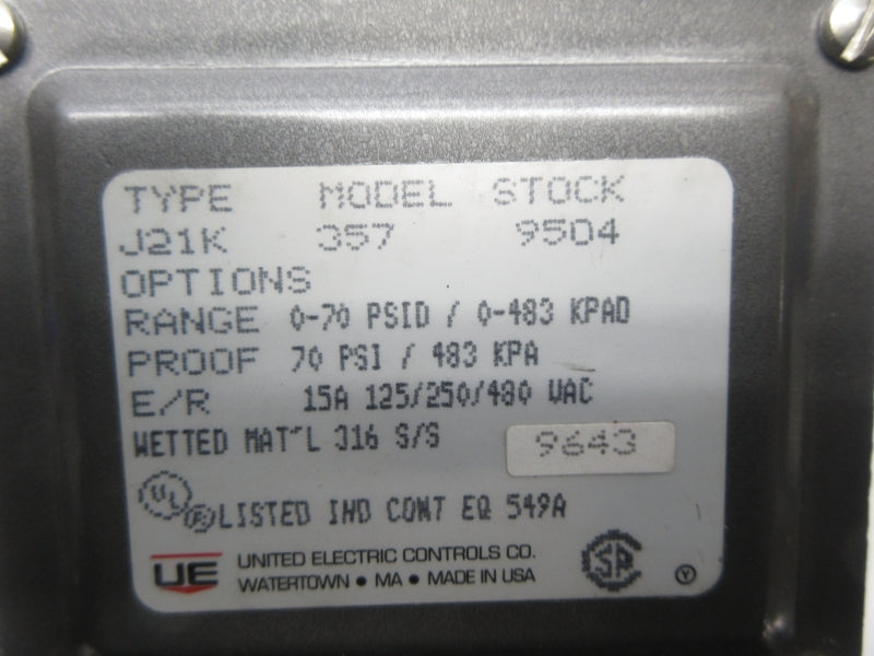 UNITED ELECTRIC J21K-357-9504 480VAC 15A 70PSI NSNP